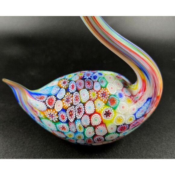 Murano Fratelli Toso Millefiori Art Glass Swan w/Multicolor Floral Pattern & Fro - Picture 6 of 10